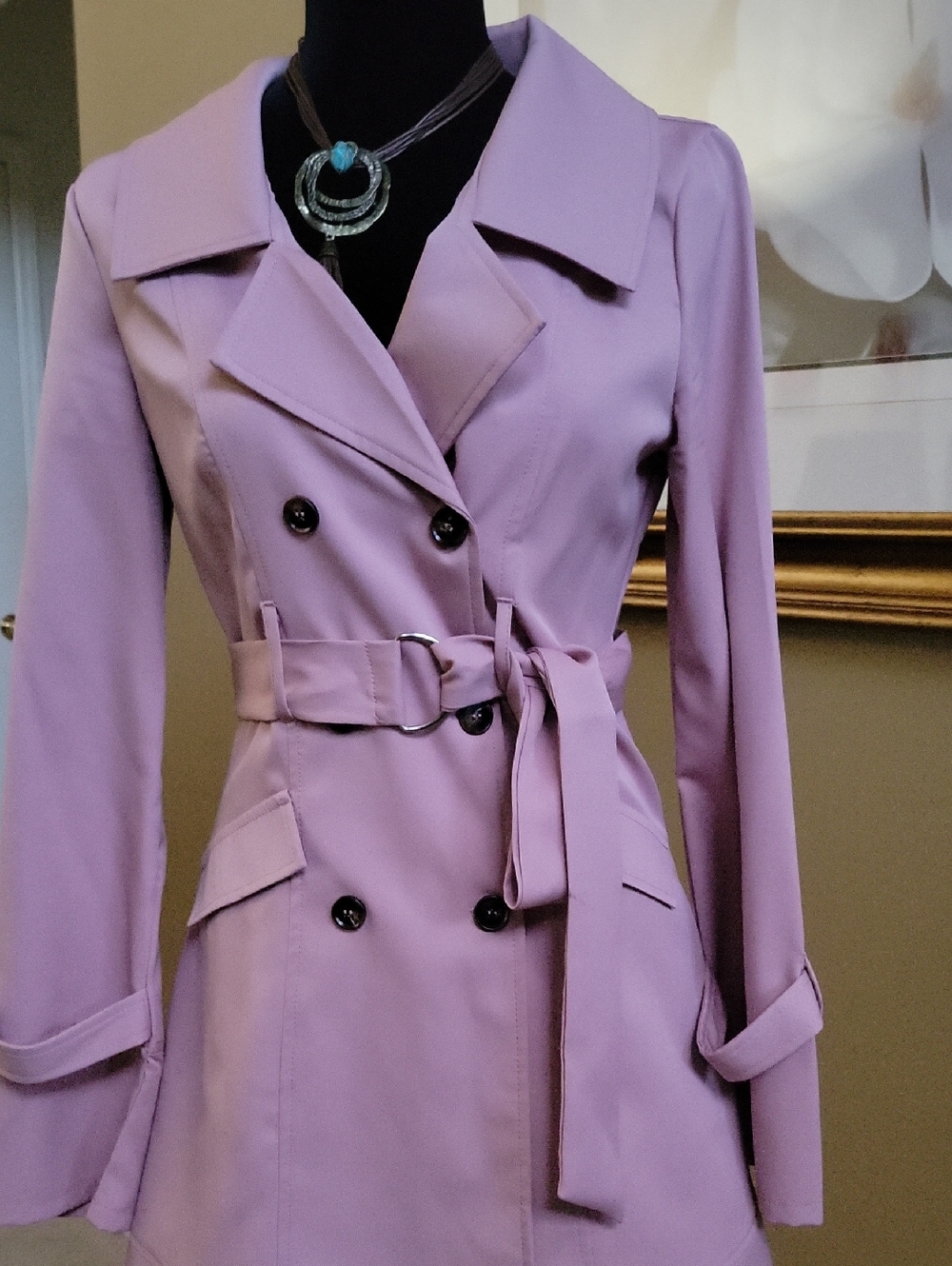 SHEIN Lilac Double-Breasted Trench with Self-Tie Belt